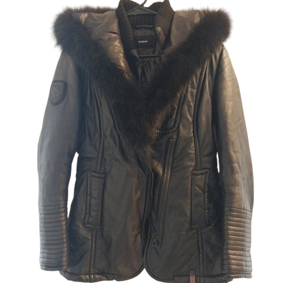 Rudsak Leather Black Jacket Coat Fur Women's Medium Parka Puffer - Picture 1 of 10